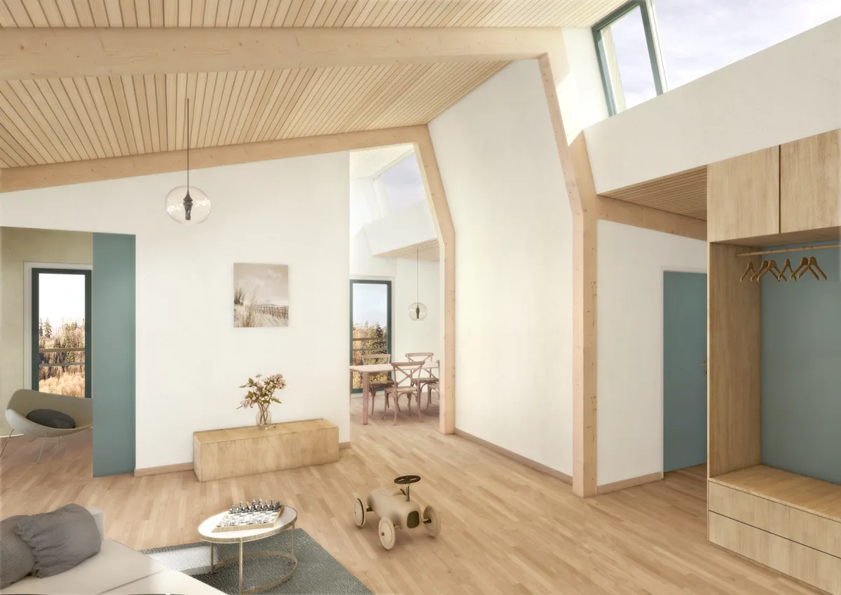 Weil die Gebäude am Hang errichtet werden, ist die Hauptwohnfläche im Dachstock vorgesehen. Animation des Innenraums einer neuen Wohnüberbauung.